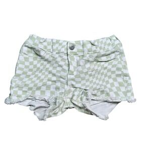 Abercrombie Kids Girls 7/8 Green Checkered Mid-Rise Midi Denim Shorts Raw Hem